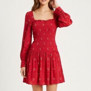 🍓NWT Free People Rayon Red Long Sleeve Dress New with Tags